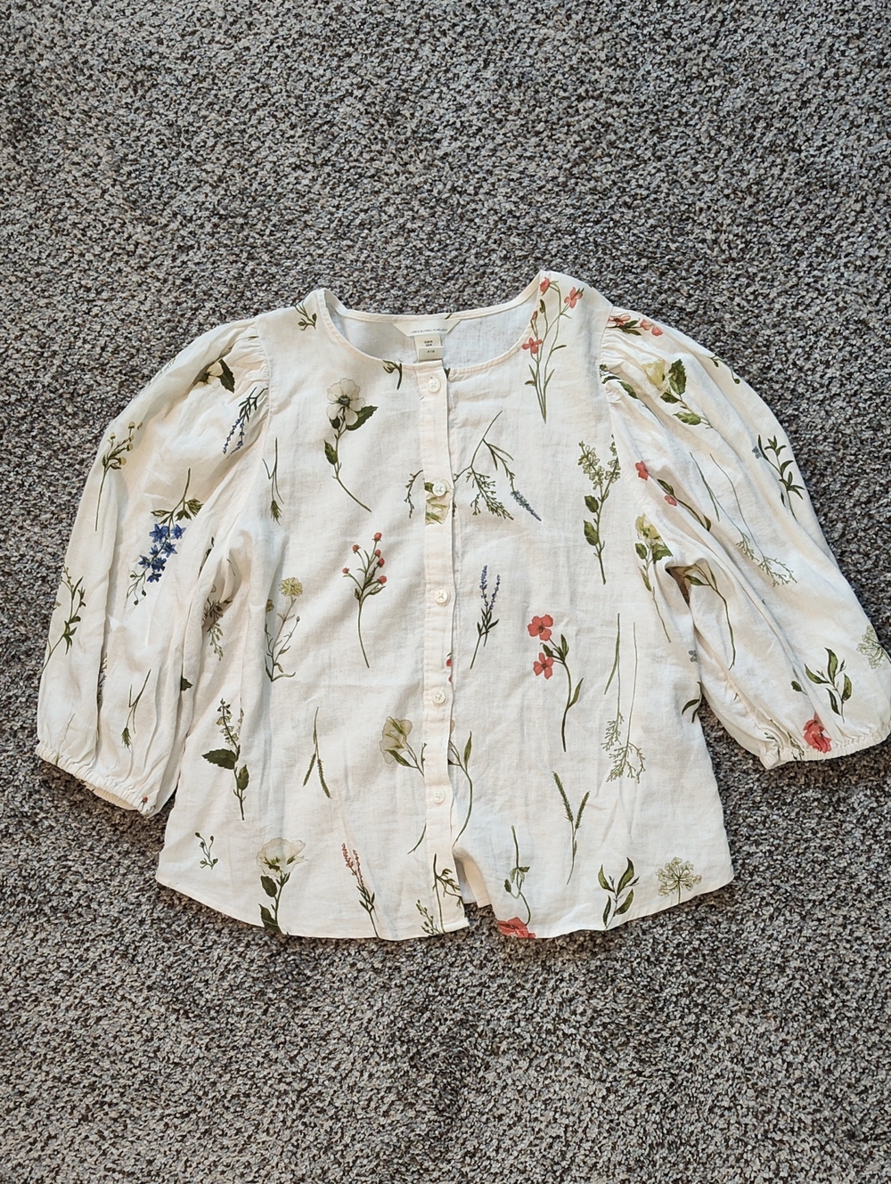 H&M White Button-Front Floral Puff Sleeve Top